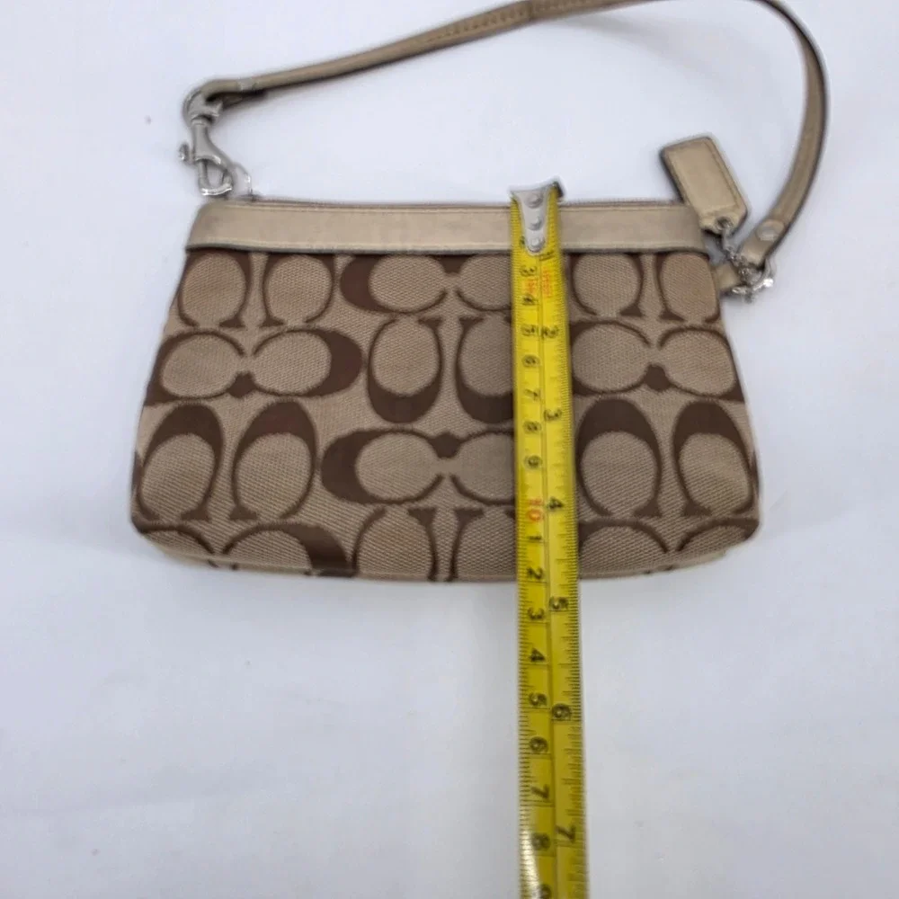 Coach Signature Canvas Metallic Gold Trim Wristlet Small Handbag Bag